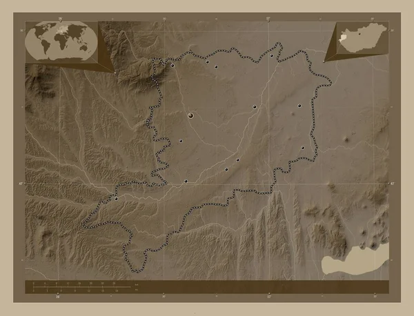 Vas Contea Ungheria Mappa Elevazione Colorata Toni Seppia Con Laghi — Foto Stock