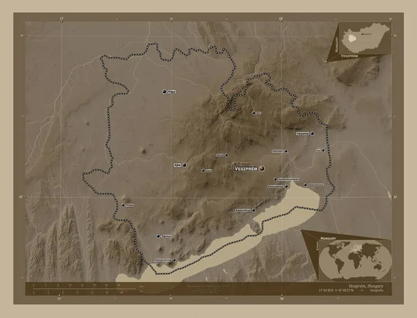 Veszprem, county of Hungary. Elevation map colored in sepia tones with lakes and rivers. Locations and names of major cities of the region. Corner auxiliary location maps