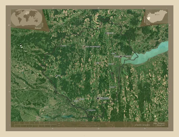ハンガリーの郡ザラ 高解像度衛星地図 地域の主要都市の位置と名前 コーナー補助位置図 — ストック写真