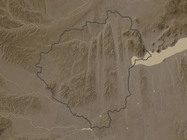 Zala, county of Hungary. Elevation map colored in sepia tones with lakes and rivers