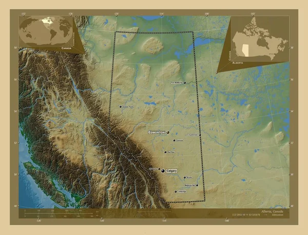 Alberta Provincie Canada Gekleurde Hoogtekaart Met Meren Rivieren Locaties Namen — Stockfoto