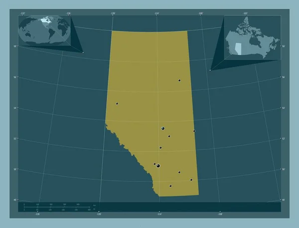 カナダのアルバータ州 しっかりした色の形 地域の主要都市の場所 コーナー補助位置図 — ストック写真
