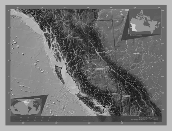 British Columbia Provinz Von Kanada Graustufen Höhenkarte Mit Seen Und — Stockfoto