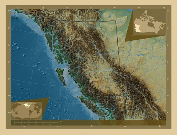 Британська Колумбія Провінція Канада Кольорові Карти Висот Озерами Річками Розташування — стокове фото