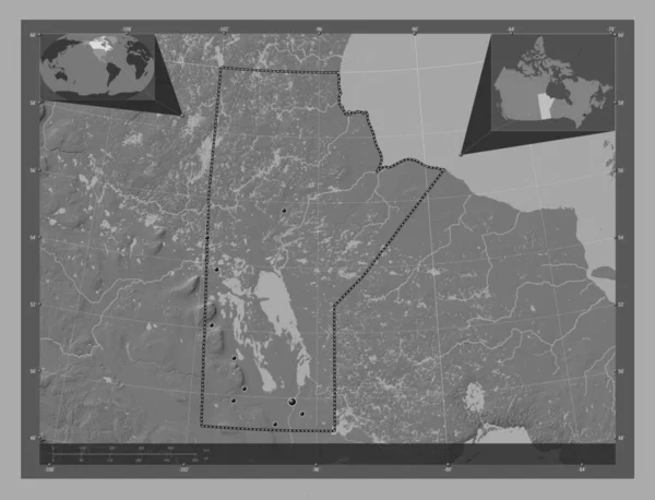 Manitoba Kanada Tartomány Kétszintes Domborzati Térkép Tavakkal Folyókkal Régió Nagyvárosainak — Stock Fotó