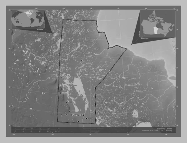 Manitoba Provincie Canada Grayscale Hoogte Kaart Met Meren Rivieren Locaties — Stockfoto