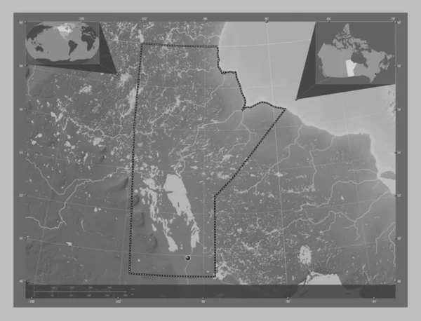 Manitoba Kanada Tartomány Szürkeárnyas Térkép Tavakkal Folyókkal Saroktérképek Kiegészítő Helymeghatározási — Stock Fotó