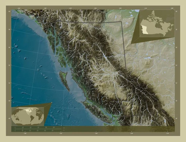 Британская Колумбия Провинция Канада Карта Высоты Окрашенная Вики Стиле Озерами — стоковое фото