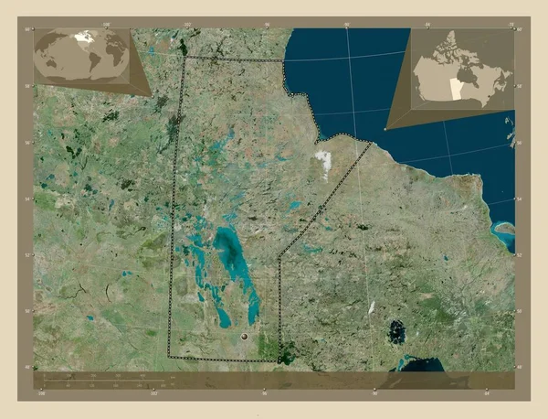 Manitoba Prowincja Kanady Mapa Satelity Wysokiej Rozdzielczości Pomocnicze Mapy Położenia — Zdjęcie stockowe
