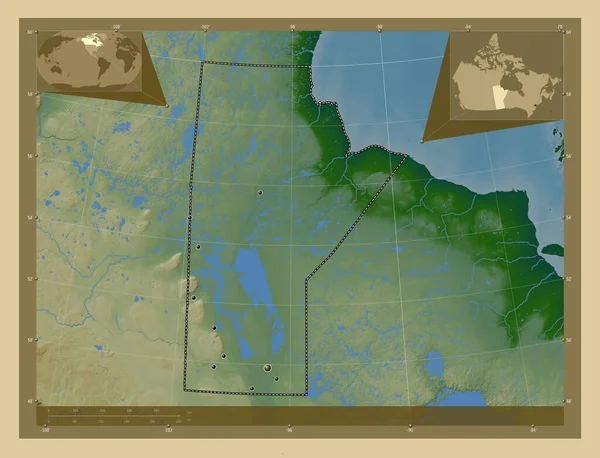 Manitoba Prowincja Kanady Kolorowa Mapa Wzniesień Jeziorami Rzekami Lokalizacje Dużych — Zdjęcie stockowe