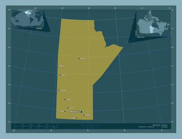 Manitoba Prowincja Kanady Solidny Kształt Koloru Lokalizacje Nazwy Głównych Miast — Zdjęcie stockowe