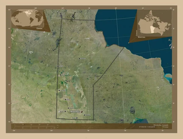 Manitoba Επαρχία Του Καναδά Δορυφορικός Χάρτης Χαμηλής Ανάλυσης Τοποθεσίες Και — Φωτογραφία Αρχείου