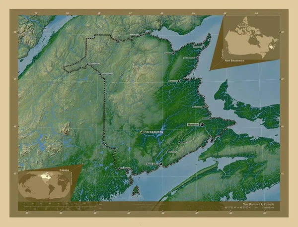 New Brunswick Provincie Kanada Barevná Mapa Jezery Řekami Umístění Názvy — Stock fotografie