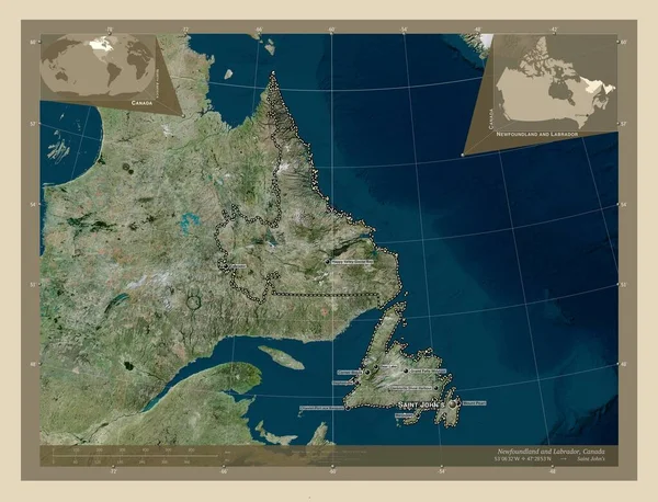 Newfoundland Labrador Provincie Kanada Satelitní Mapa Vysokým Rozlišením Umístění Názvy — Stock fotografie