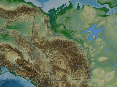 Yukon, Kanada toprakları. Gölleri ve nehirleri olan renkli yükseklik haritası