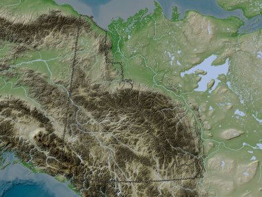 Yukon, Kanada toprakları. Yükseklik haritası göller ve nehirlerle wiki stilinde renklendirilmiştir