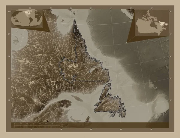 Nowa Fundlandia Labrador Prowincja Kanady Mapa Elewacji Kolorowe Sepia Dźwięki — Zdjęcie stockowe