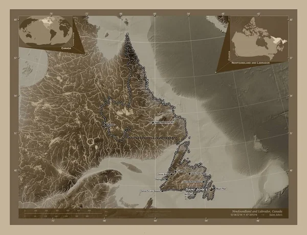 Newfoundland Och Labrador Provinsen Kanada Höjdkarta Färgad Sepiatoner Med Sjöar — Stockfoto