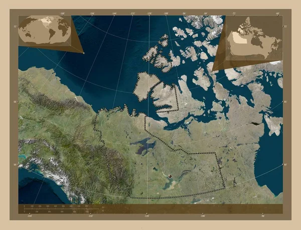 北西部領土 カナダの領土 低解像度衛星地図 コーナー補助位置図 — ストック写真