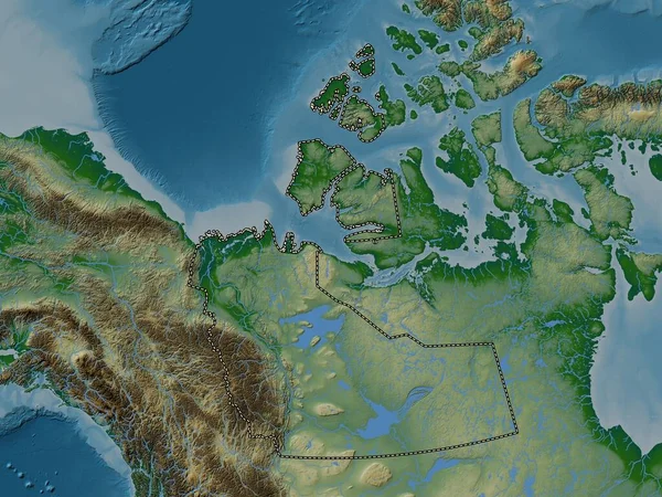 Terytoria Północno Zachodnie Terytorium Kanady Kolorowa Mapa Wzniesień Jeziorami Rzekami — Zdjęcie stockowe
