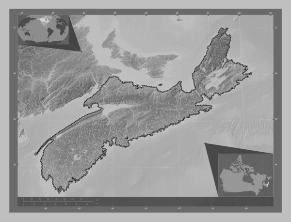 加拿大新斯科舍省 带有湖泊和河流的灰度高程图 角辅助位置图 — 图库照片