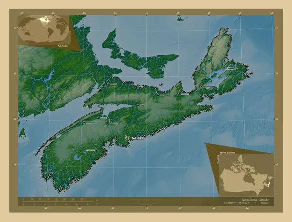 Nova Scotia Provincie Kanada Barevná Mapa Jezery Řekami Umístění Názvy — Stock fotografie
