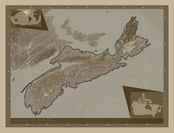 加拿大新斯科舍省 高程图 用深紫色调涂上湖泊和河流 角辅助位置图 — 图库照片