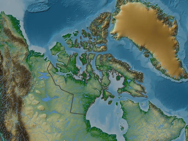 Nunavut Territorio Canadá Mapa Elevación Colores Con Lagos Ríos — Foto de Stock