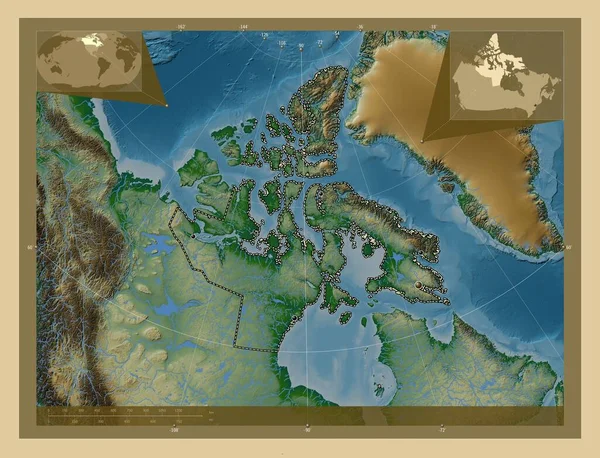 Нунавут Территория Канады Цветная Карта Высоты Озерами Реками Места Расположения — стоковое фото