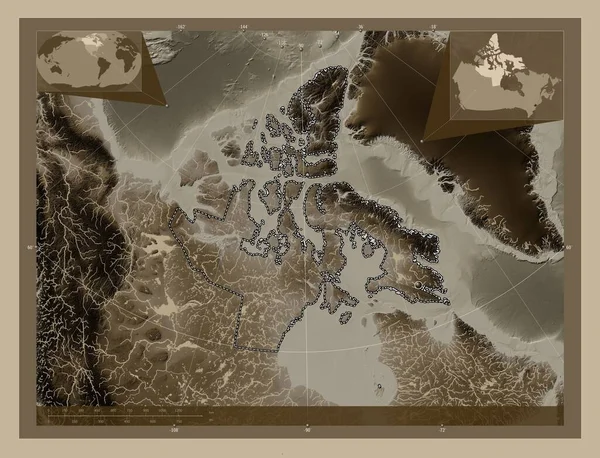 Нунавут Территория Канады Карта Высоты Окрашенная Сепиевые Тона Озерами Реками — стоковое фото