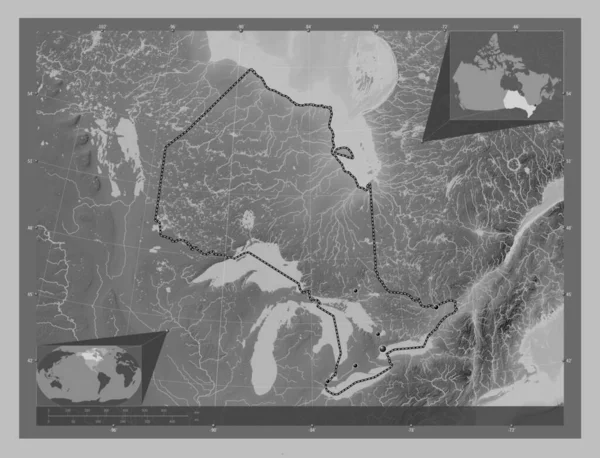 安大略省 加拿大省 带有湖泊和河流的灰度高程图 该区域主要城市的所在地点 角辅助位置图 — 图库照片