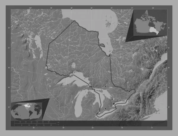 安大略省 加拿大省 带湖泊和河流的比尔维尔高程图 该区域主要城市的所在地点 角辅助位置图 — 图库照片