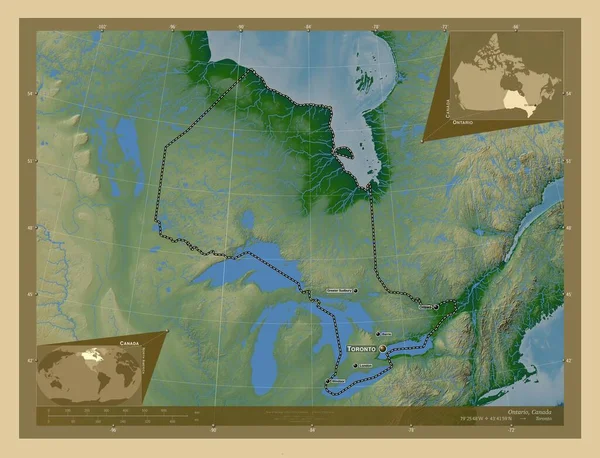 Ontario Provincie Kanada Barevná Mapa Jezery Řekami Umístění Názvy Velkých — Stock fotografie