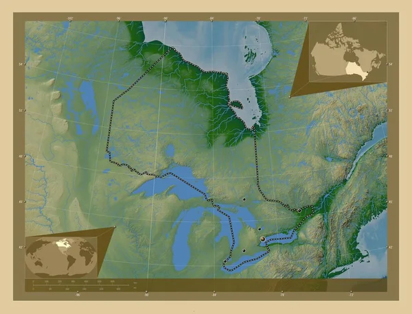 Ontario Province Canada Carte Altitude Colorée Avec Lacs Rivières Emplacements — Photo