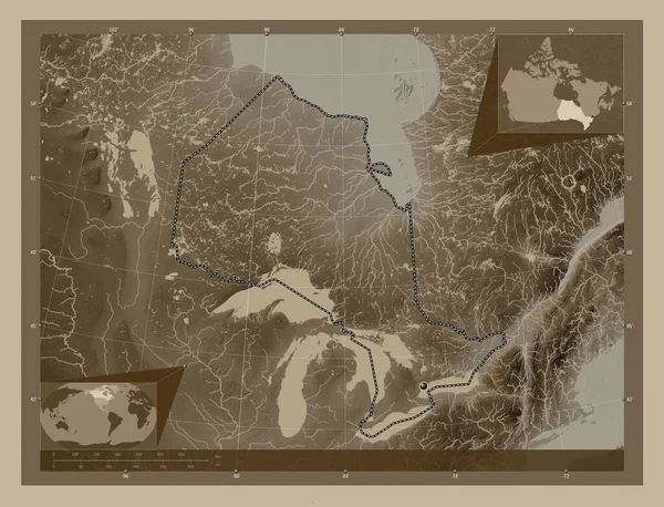 Ontario Provinz Von Kanada Höhenkarte Sepiatönen Mit Seen Und Flüssen — Stockfoto
