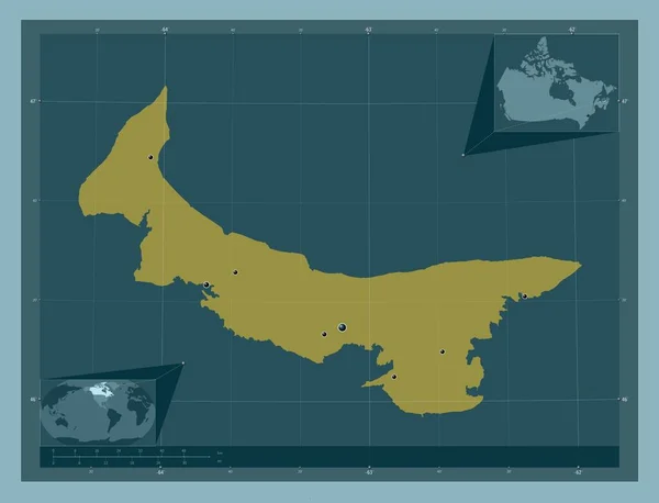 カナダのエドワード島王子 しっかりした色の形 地域の主要都市の場所 コーナー補助位置図 — ストック写真