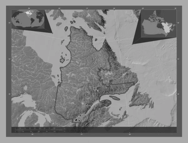 加拿大魁北克省 带湖泊和河流的比尔维尔高程图 该区域主要城市的所在地点 角辅助位置图 — 图库照片