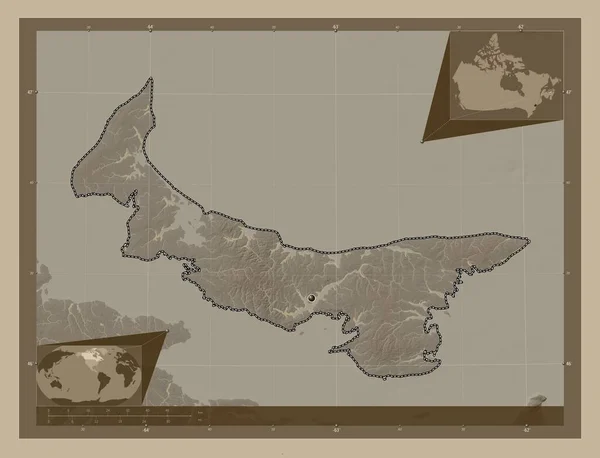 爱德华王子岛 加拿大省 高程图 用深紫色调涂上湖泊和河流 角辅助位置图 — 图库照片