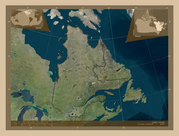 Quebec, province of Canada. Low resolution satellite map. Locations and names of major cities of the region. Corner auxiliary location maps