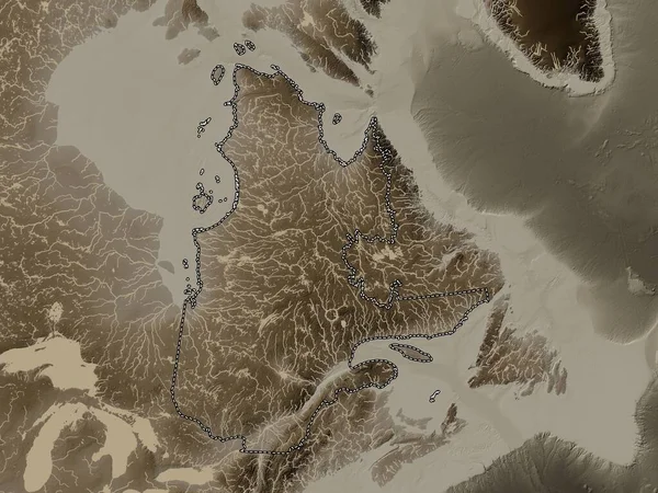 Quebec, province of Canada. Elevation map colored in sepia tones with lakes and rivers