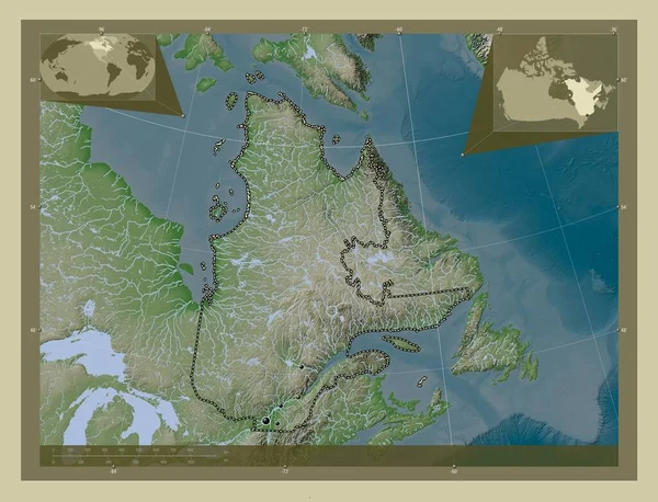 カナダのケベック州 湖や川とWikiスタイルで着色された標高マップ 地域の主要都市の場所 コーナー補助位置図 — ストック写真