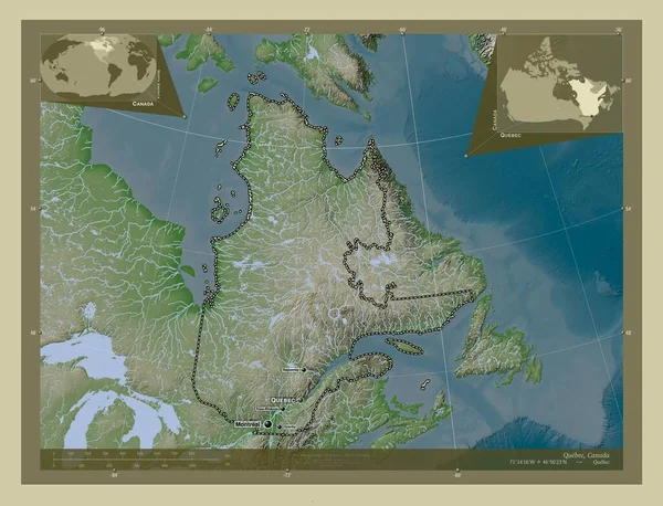 カナダのケベック州 湖や川とWikiスタイルで着色された標高マップ 地域の主要都市の位置と名前 コーナー補助位置図 — ストック写真