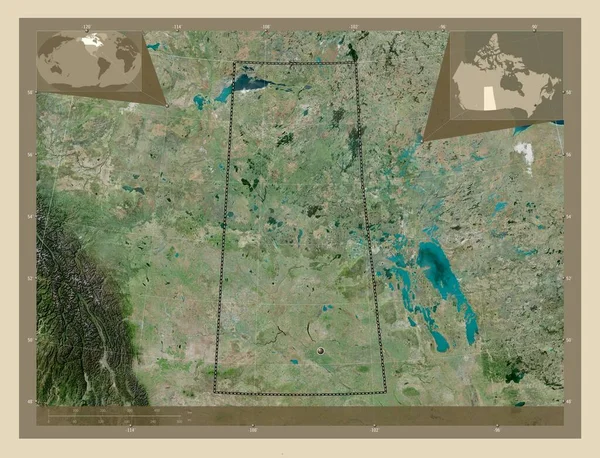 Saskatchewan Provincie Canada Satellietkaart Met Hoge Resolutie Hulplocatiekaarten Hoek — Stockfoto