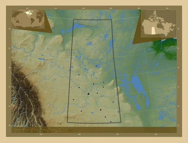 Saskatchewan Prowincja Kanady Kolorowa Mapa Wzniesień Jeziorami Rzekami Lokalizacje Dużych — Zdjęcie stockowe