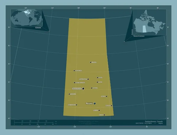 カナダのサスカチュワン州 しっかりした色の形 地域の主要都市の位置と名前 コーナー補助位置図 — ストック写真