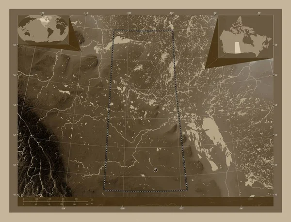 Saskatchewan Provincia Canadá Mapa Elevación Coloreado Tonos Sepia Con Lagos — Foto de Stock