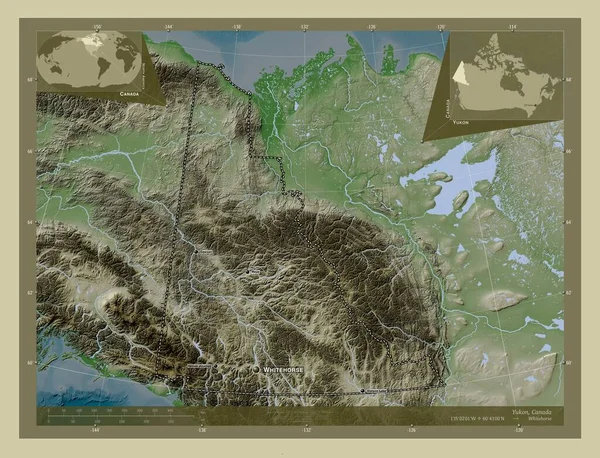 育空地区 加拿大领土 用Wiki风格绘制的带有湖泊和河流的高程地图 该区域主要城市的地点和名称 角辅助位置图 — 图库照片
