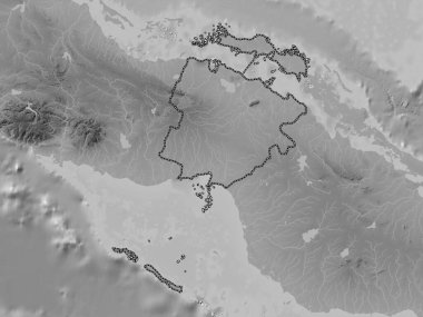 Ciego de Avila, Küba ili. Gölleri ve nehirleri olan gri tonlama yükseklik haritası