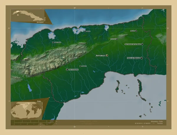 Artemisa Prowincja Kuba Kolorowa Mapa Wzniesień Jeziorami Rzekami Lokalizacje Nazwy — Zdjęcie stockowe