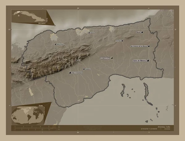 Artemisa Prowincja Kuba Mapa Elewacji Kolorowe Sepia Dźwięki Jeziorami Rzekami — Zdjęcie stockowe